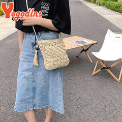 Boho Straw Bag Women Beach Shoulder Handbag Tassel Crossbody