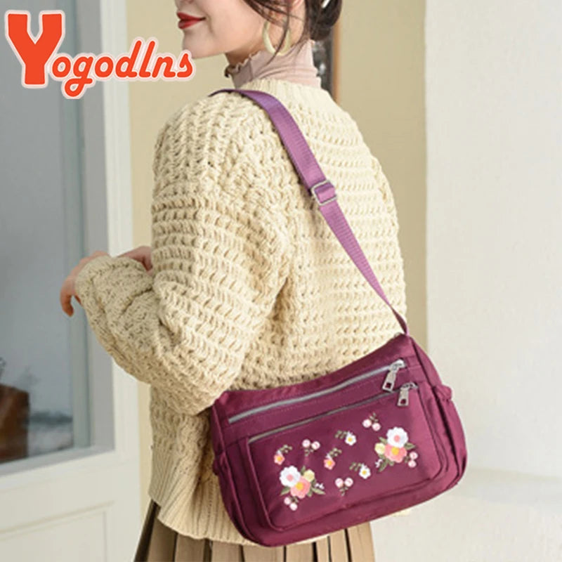 Embroidered Shoulder Women's Bag Nylon Floral Crossbody Bag