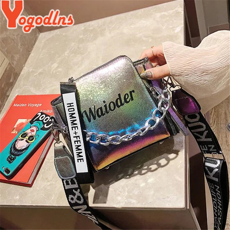 Tide Ladies Letter Handbags Wide Strap Chains Shoulder Bag Women Crossbody Bags