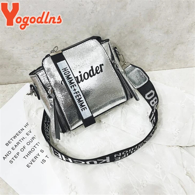 Tide Ladies Letter Handbags Wide Strap Chains Shoulder Bag Women Crossbody Bags