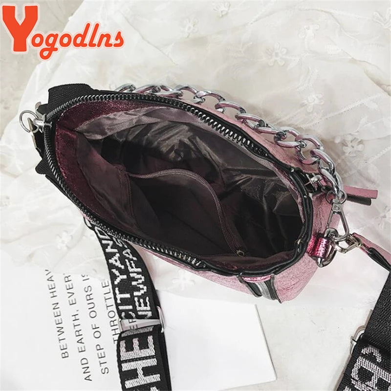Tide Ladies Letter Handbags Wide Strap Chains Shoulder Bag Women Crossbody Bags
