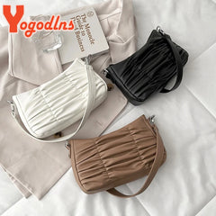 Pleated Shoulder Bag Women PU Leather Armpit Handbag Casual Lady Underarm Pouch