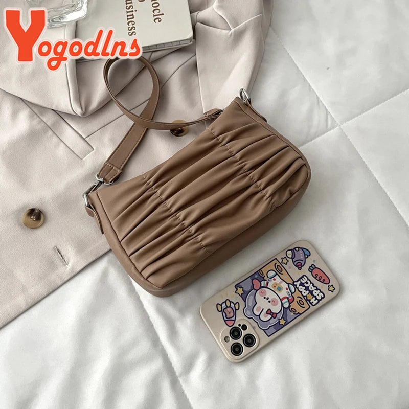 Pleated Shoulder Bag Women PU Leather Armpit Handbag Casual Lady Underarm Pouch