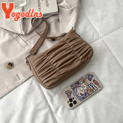 Pleated Shoulder Bag Women PU Leather Armpit Handbag Casual Lady Underarm Pouch