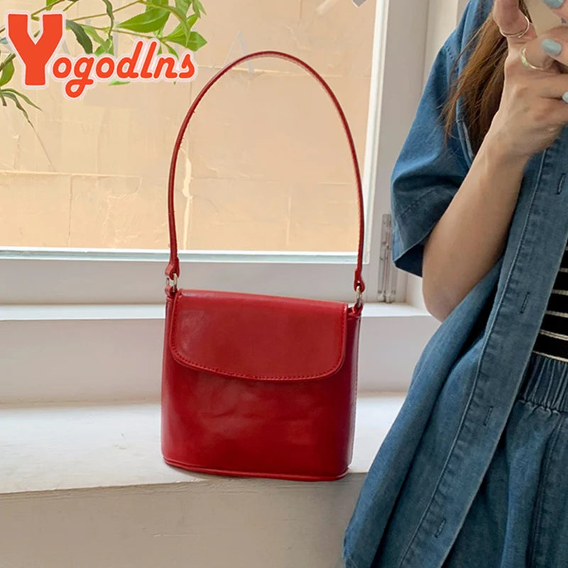 Red Shoulder Bag Retro Bucket Messenger Crossbody Tote Handbag