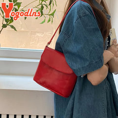 Red Shoulder Bag Retro Bucket Messenger Crossbody Tote Handbag