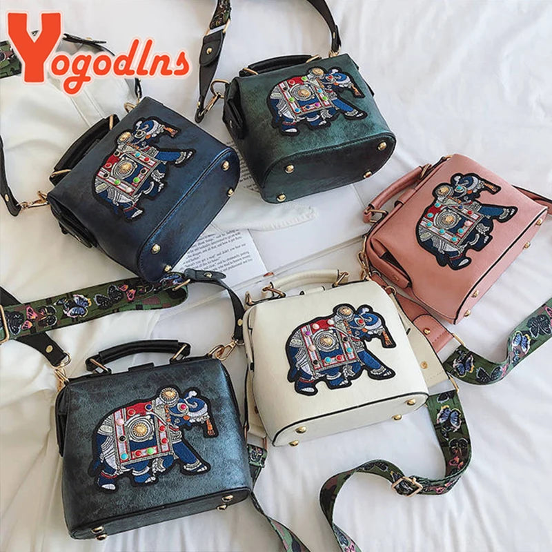Vintage Embroidery Elephant Handbag PU Leather Shoulder Bag for Women