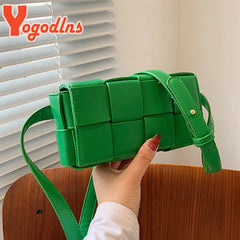 Woven Shoulder Bag Female PU Leather Flap Square Crossbody Bag