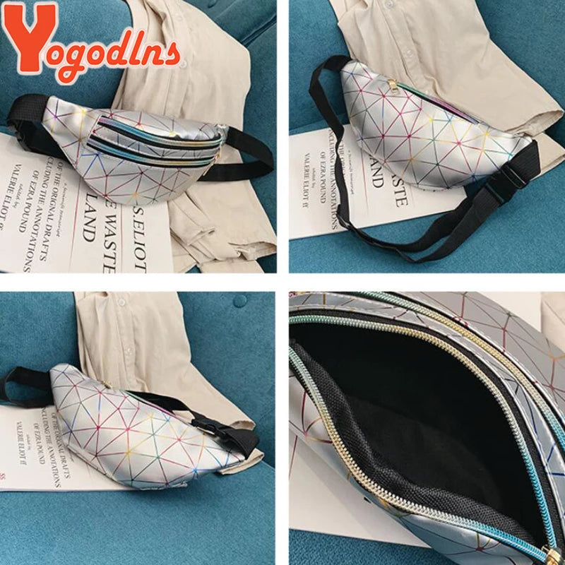 Double Zipper Waist Bag For Women PU Leather Plaid Shoulder Bag