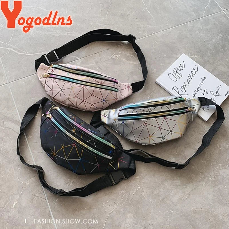 Double Zipper Waist Bag For Women PU Leather Plaid Shoulder Bag