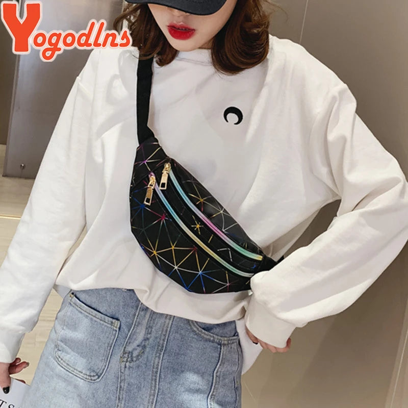 Double Zipper Waist Bag For Women PU Leather Plaid Shoulder Bag