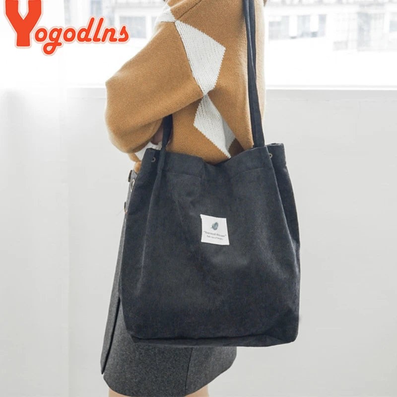 Corduroy Tote Shoulder Bag, High Capacity, Casual, Reusable Shopping Bag