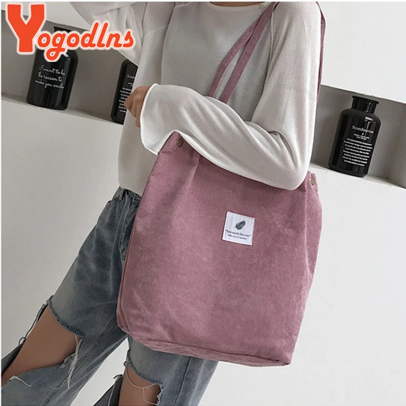 Corduroy Tote Shoulder Bag, High Capacity, Casual, Reusable Shopping Bag