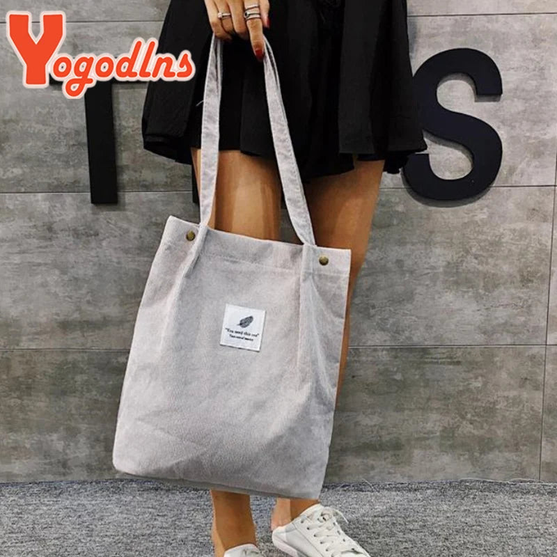Corduroy Tote Shoulder Bag, High Capacity, Casual, Reusable Shopping Bag
