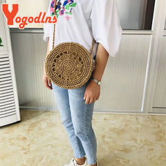 Summer Straw Beach Bag Round Shape Hollow Shoulder Messenger Crossbody Bag