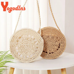 Summer Straw Beach Bag Round Shape Hollow Shoulder Messenger Crossbody Bag