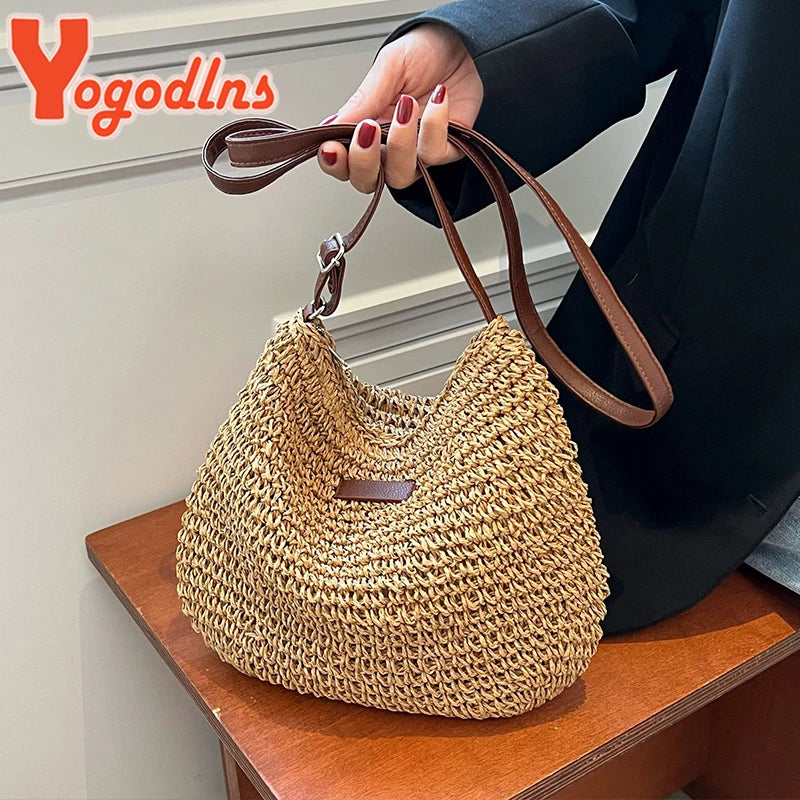Bohemia Style Rattan Straw Beach Bag Crossbody Vacation Shoulder Bag