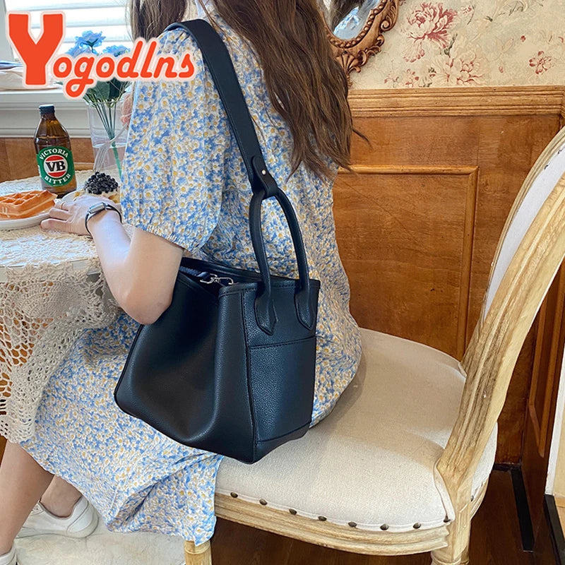 Vintage Leather Bucket Bag for Women Shoulder Messenger Lady Bag