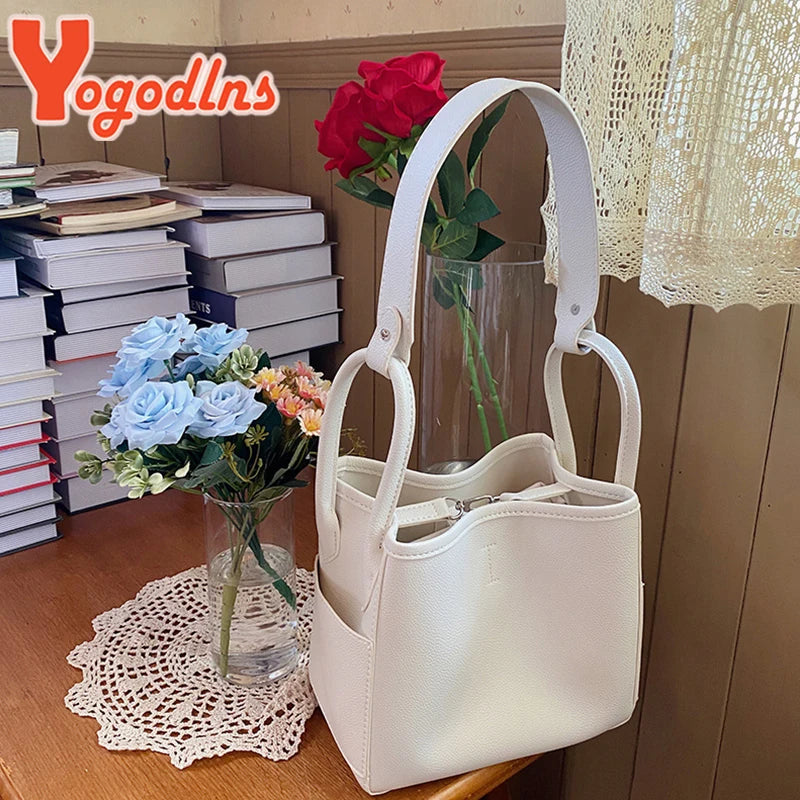 Vintage Leather Bucket Bag for Women Shoulder Messenger Lady Bag