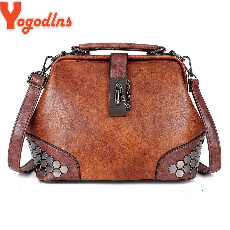 Vintage Rivet Handbaag Female PU Leather Crossbody Bag Contrast Shoulder Bag