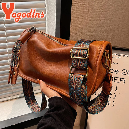 Vintage PU Leather Shoulder Bag for Women Crossbody Messenger Tote Purse