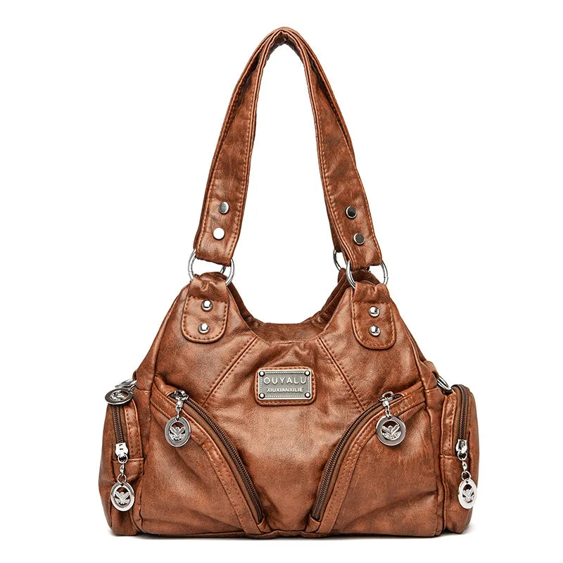 Vintage Shoulder Bag Soft Leather Top-handle Bag Crossbody Bag Multi-pocket