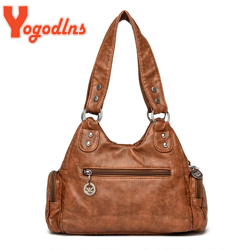 Vintage Shoulder Bag Soft Leather Top-handle Bag Crossbody Bag Multi-pocket