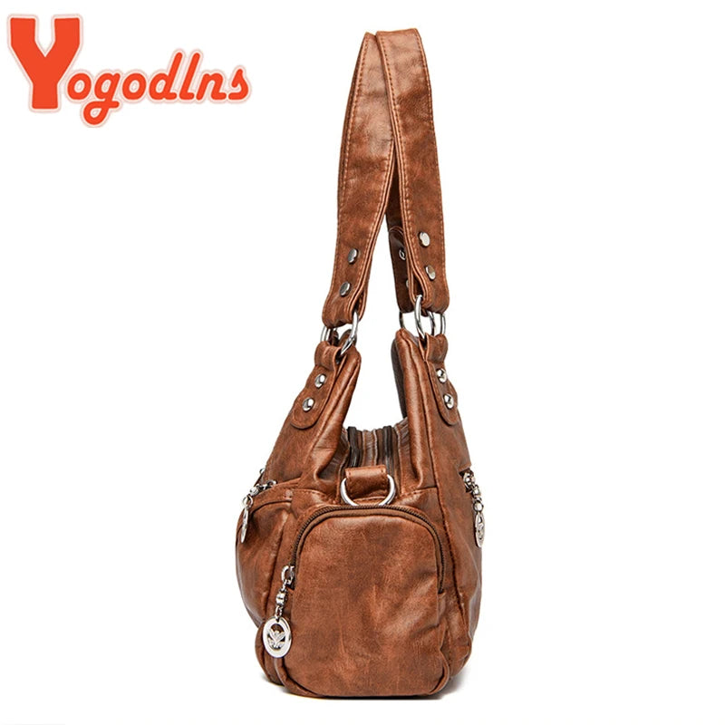 Vintage Shoulder Bag Soft Leather Top-handle Bag Crossbody Bag Multi-pocket