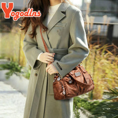 Vintage Shoulder Bag Soft Leather Top-handle Bag Crossbody Bag Multi-pocket