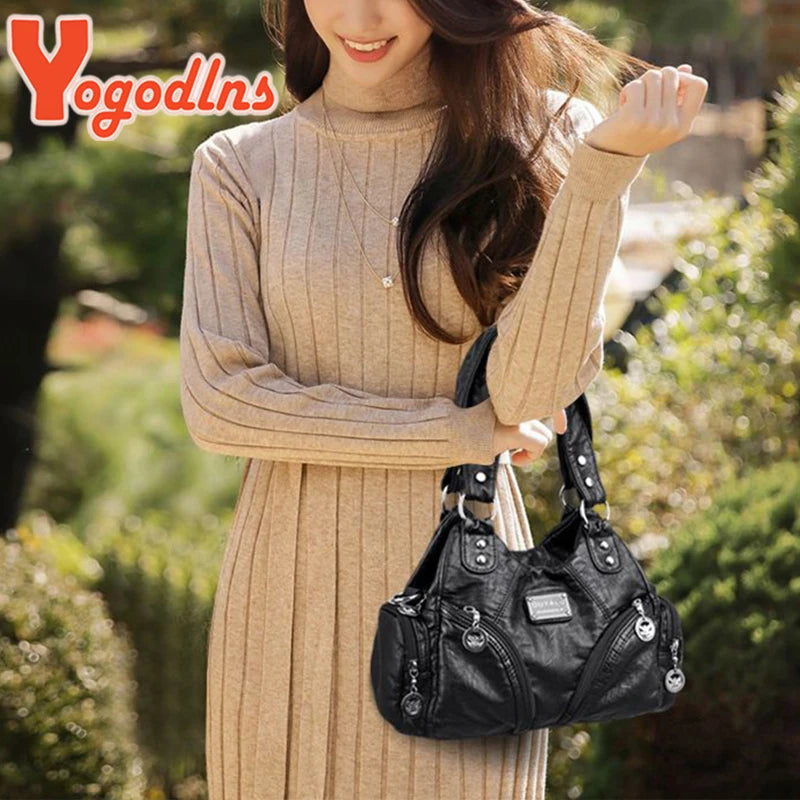 Vintage Shoulder Bag Soft Leather Top-handle Bag Crossbody Bag Multi-pocket