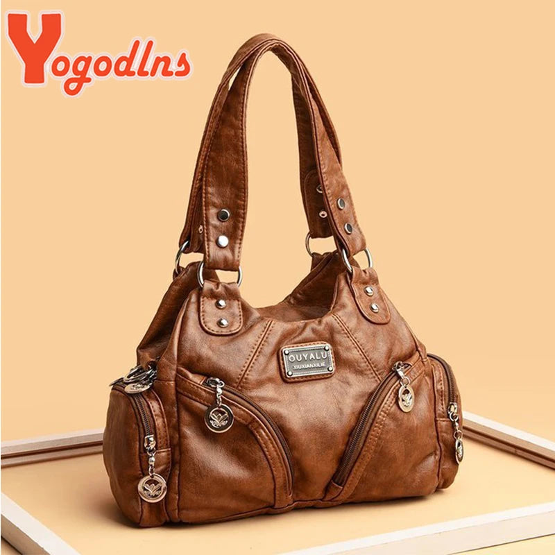 Vintage Shoulder Bag Soft Leather Top-handle Bag Crossbody Bag Multi-pocket