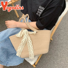 Women's Woven Ribbon Straw Bag - Summer Rattan Bucket Bag