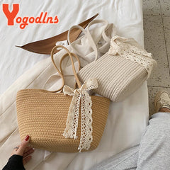Women's Woven Ribbon Straw Bag - Summer Rattan Bucket Bag
