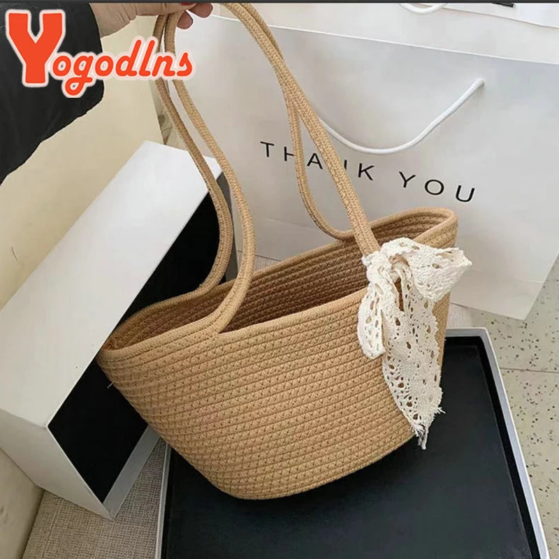 Women's Woven Ribbon Straw Bag - Summer Rattan Bucket Bag