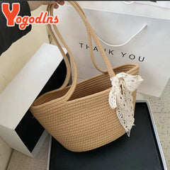 Women's Woven Ribbon Straw Bag - Summer Rattan Bucket Bag