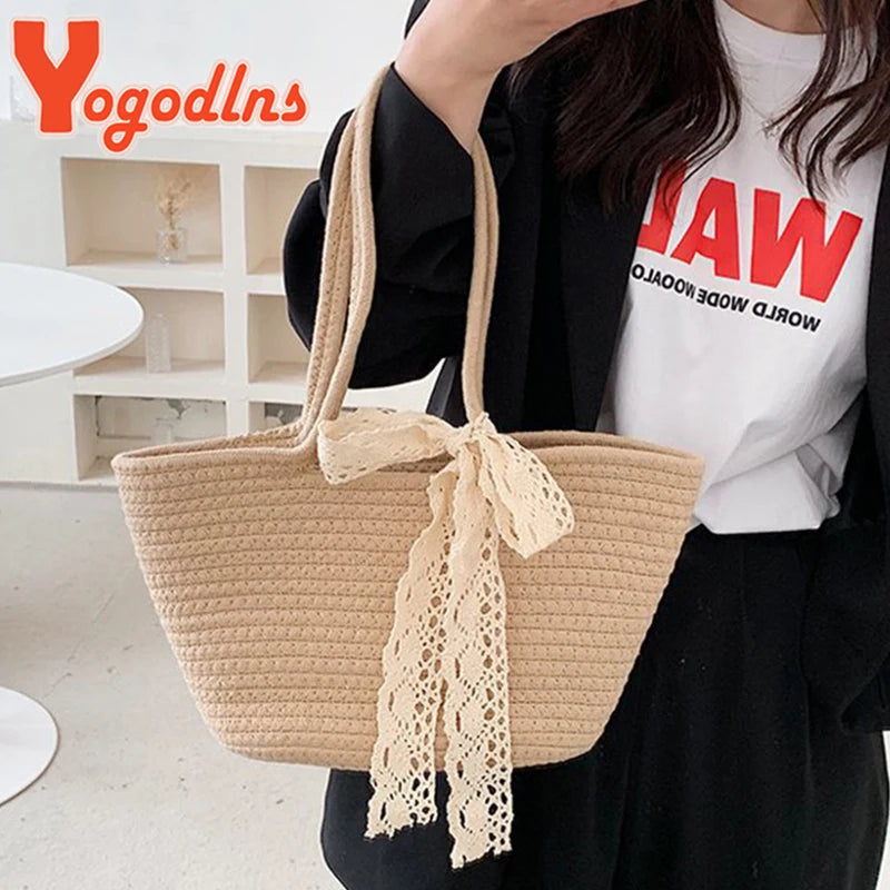 Women's Woven Ribbon Straw Bag - Summer Rattan Bucket Bag