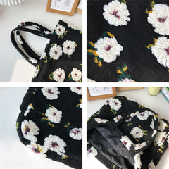 Winter Plush Flower Lunch Bag Casual Shoulder Embroidery Handbag