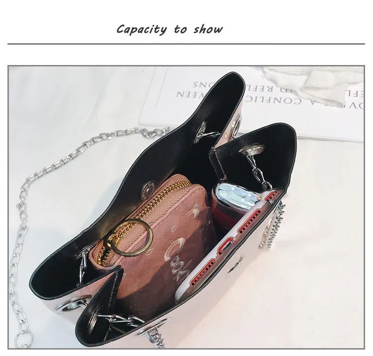 Bright Small Bag European American Printing Chain Shoulder Messenger Bucket Moth
