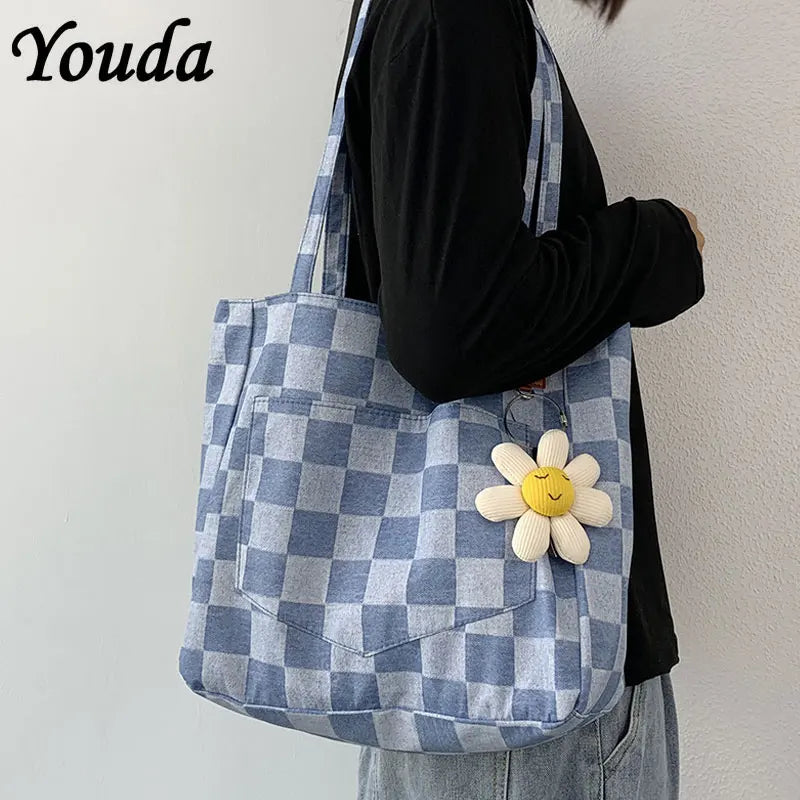 Checkered Canvas Shopper Handbag Eco Reusable Shoulder Bag