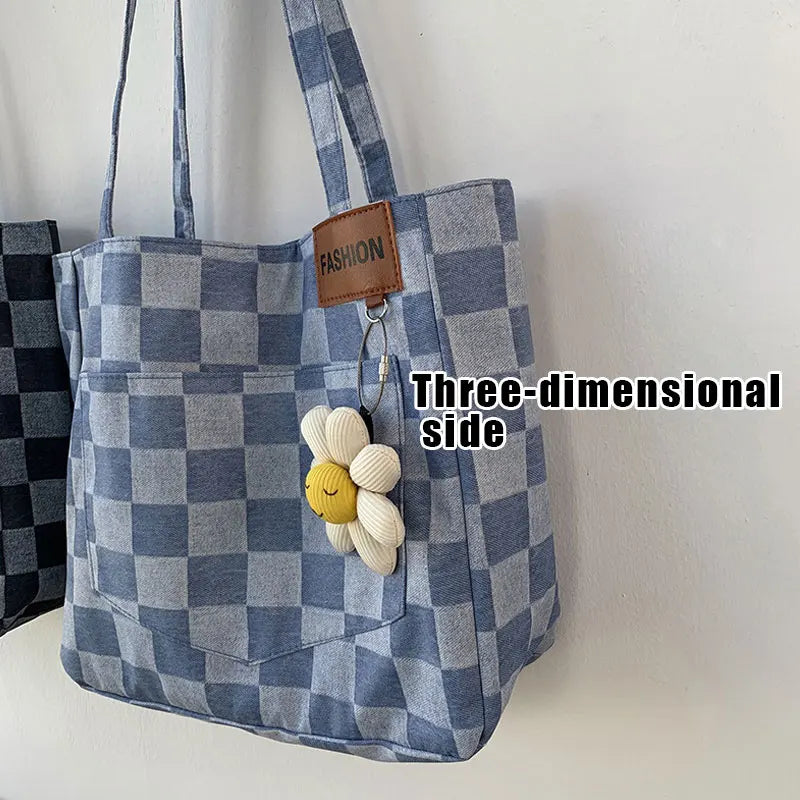 Checkered Canvas Shopper Handbag Eco Reusable Shoulder Bag