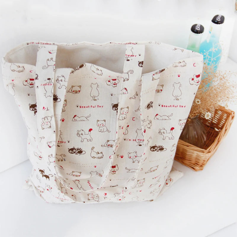 Cat Canvas Handbags Preppy Style Ladies Tote Shoulder Bag