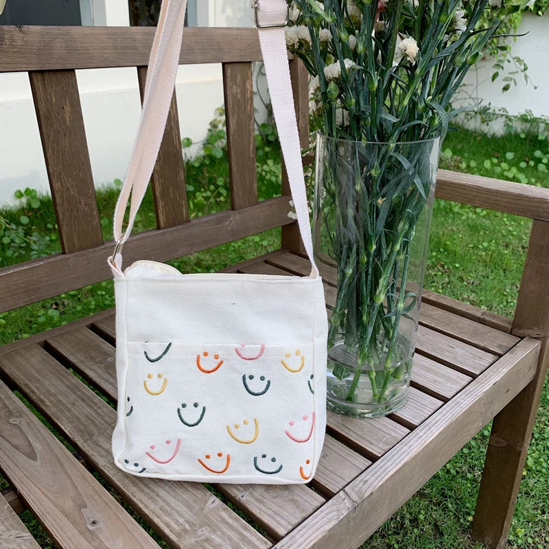 Mini Canvas Smiley Cross Body Bag for Women Girls