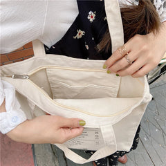 Large Capacity Canvas Shoulder Bag Zipper Casual Handbag Girls Shopping Bag