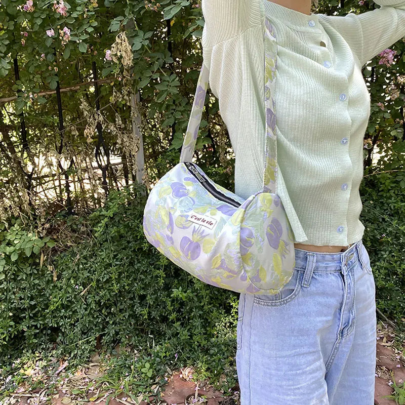 Women Canvas Tote Jacquard Flowers Bag Zipper Purse