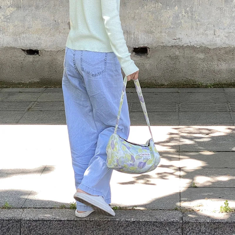 Women Canvas Tote Jacquard Flowers Bag Zipper Purse
