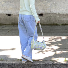 Women Canvas Tote Jacquard Flowers Bag Zipper Purse