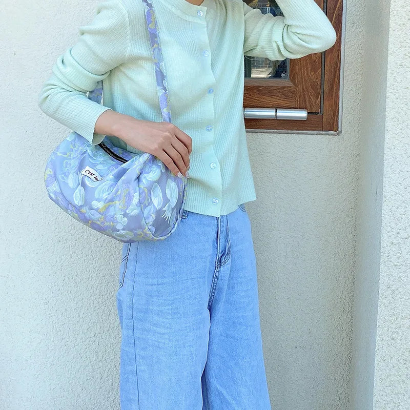 Women Canvas Tote Jacquard Flowers Bag Zipper Purse
