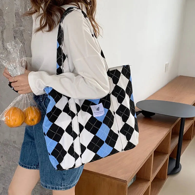 Canvas Shoulder Bag Women Large Tote Daily Shopping Contrast Books