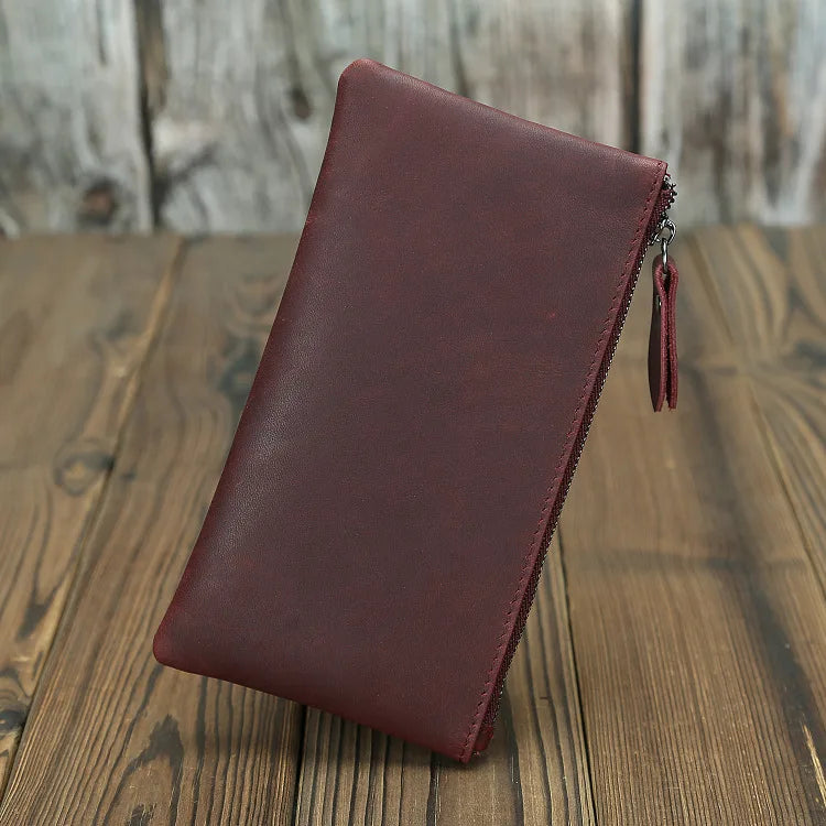 Minimalist Long Slim Crazy Horse Leather Purse