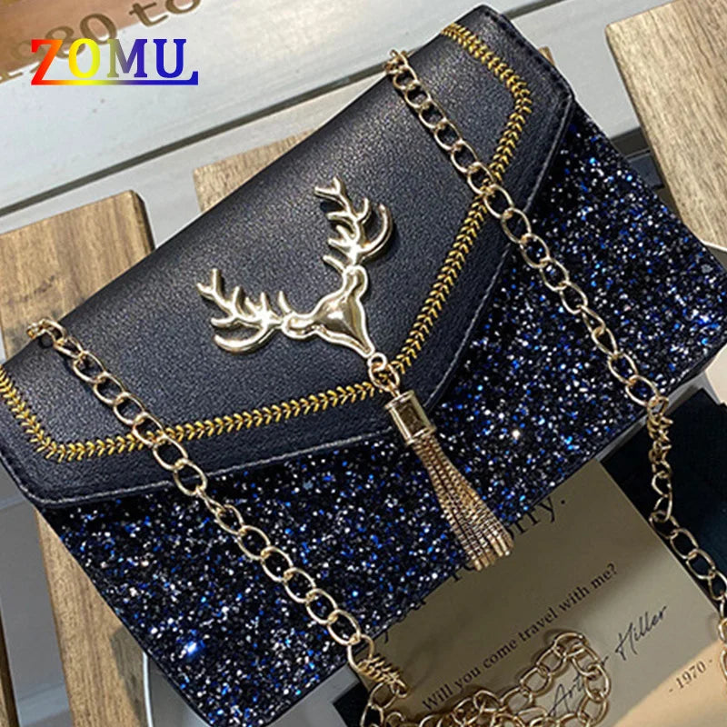 ZOMU Sequined Shoulder Bag Deer Head Crossbody Embroidered